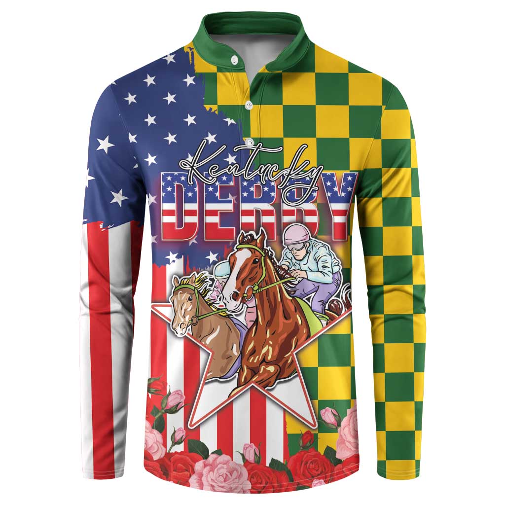 Kentucky Horses Racing Button Sweatshirt US Flag Grunge and Check Pattern Green Color