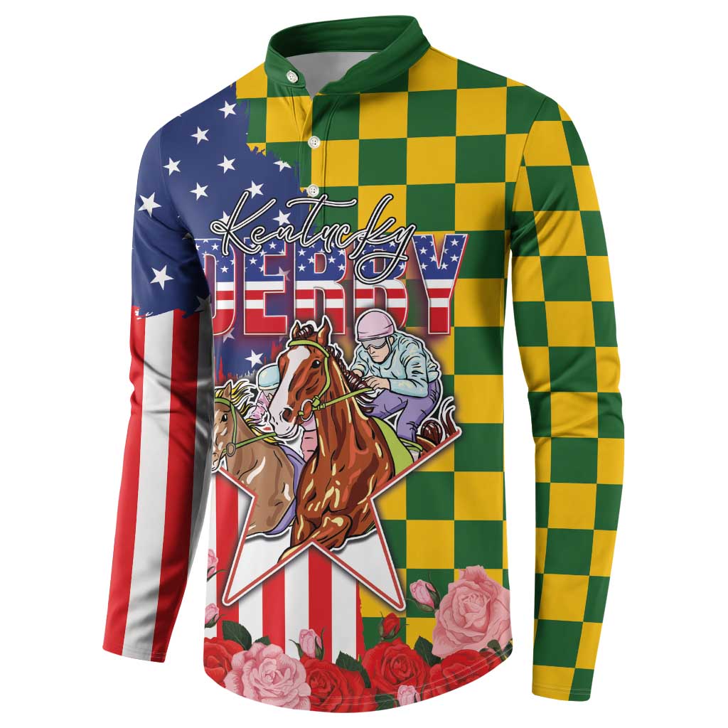 Kentucky Horses Racing Button Sweatshirt US Flag Grunge and Check Pattern Green Color