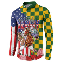 Kentucky Horses Racing Button Sweatshirt US Flag Grunge and Check Pattern Green Color