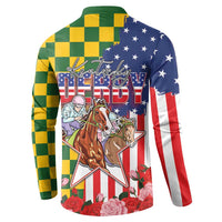 Kentucky Horses Racing Button Sweatshirt US Flag Grunge and Check Pattern Green Color