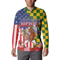 Kentucky Horses Racing Button Sweatshirt US Flag Grunge and Check Pattern Green Color
