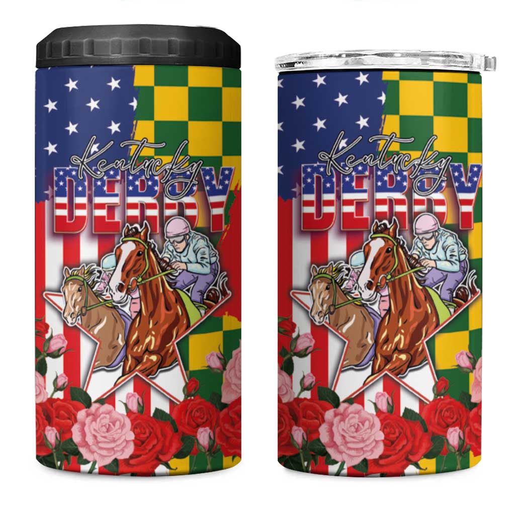 Kentucky Horses Racing 4 in 1 Can Cooler Tumbler US Flag Grunge and Check Pattern Green Color