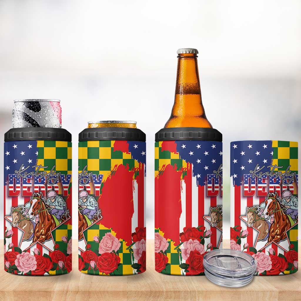 Kentucky Horses Racing 4 in 1 Can Cooler Tumbler US Flag Grunge and Check Pattern Green Color