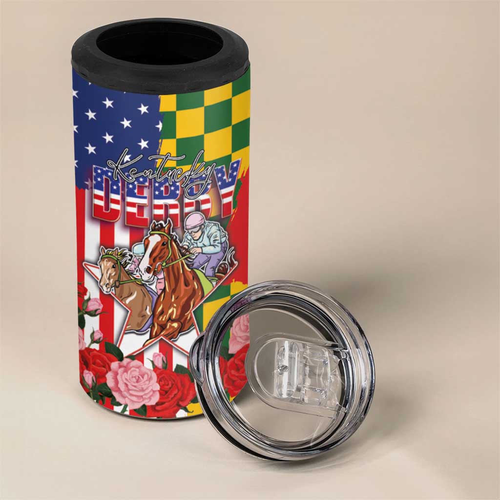 Kentucky Horses Racing 4 in 1 Can Cooler Tumbler US Flag Grunge and Check Pattern Green Color
