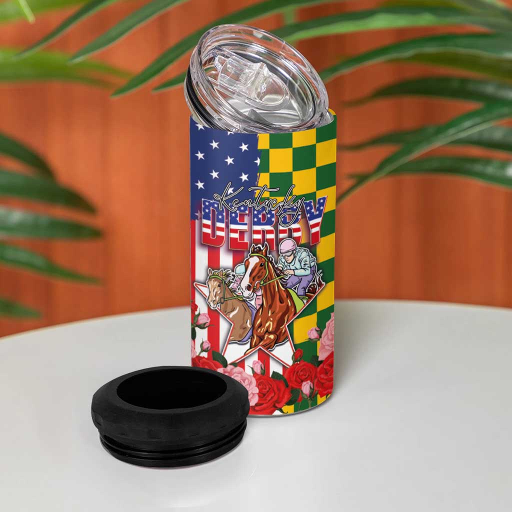 Kentucky Horses Racing 4 in 1 Can Cooler Tumbler US Flag Grunge and Check Pattern Green Color