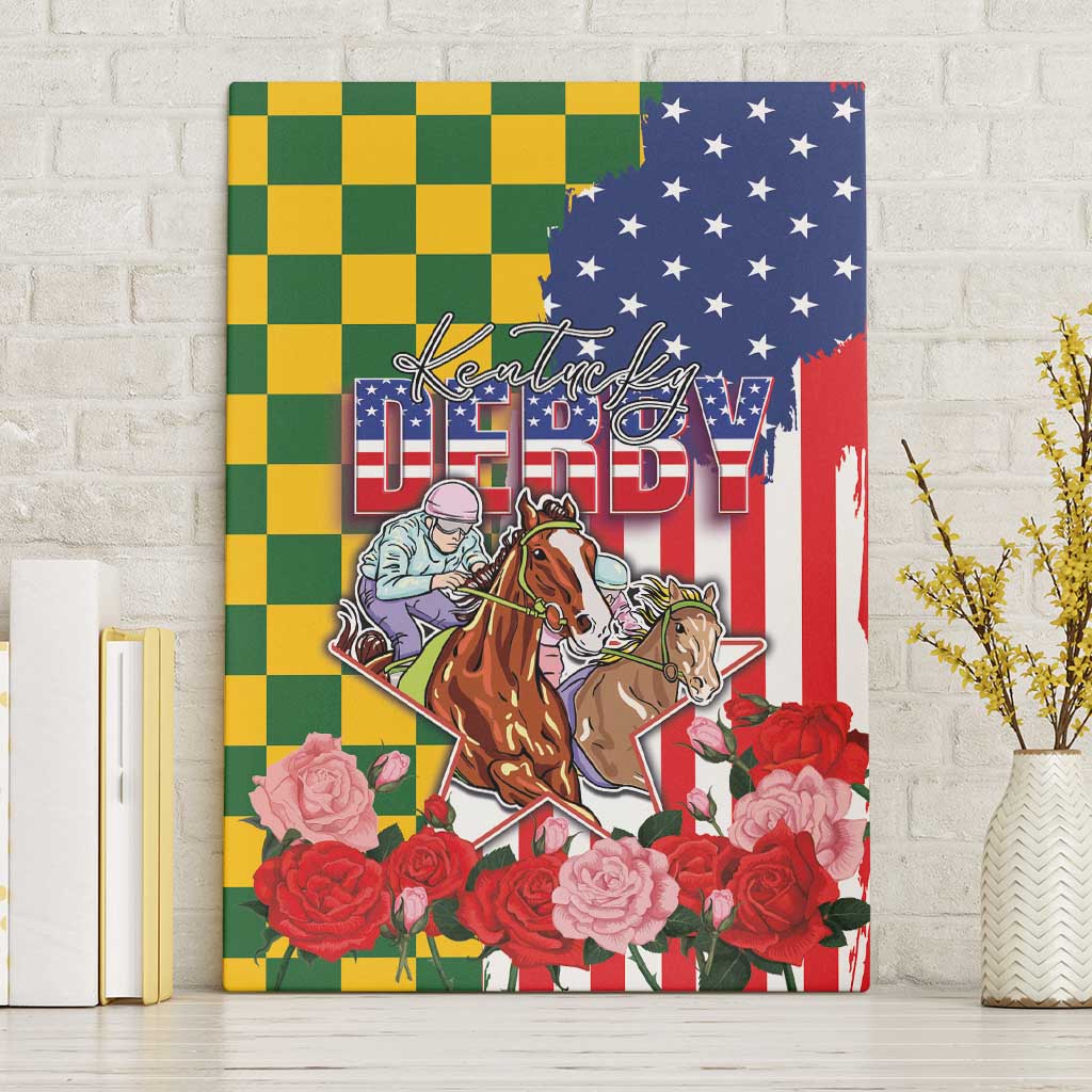 Kentucky Horses Racing Canvas Wall Art US Flag Grunge and Check Pattern Green Color