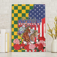 Kentucky Horses Racing Canvas Wall Art US Flag Grunge and Check Pattern Green Color