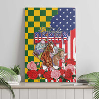 Kentucky Horses Racing Canvas Wall Art US Flag Grunge and Check Pattern Green Color