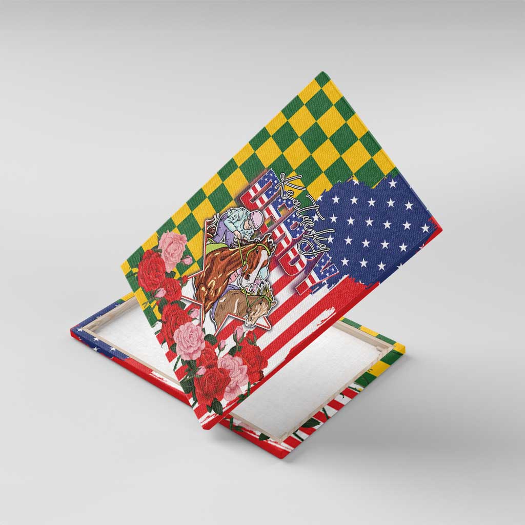 Kentucky Horses Racing Canvas Wall Art US Flag Grunge and Check Pattern Green Color