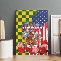 Kentucky Horses Racing Canvas Wall Art US Flag Grunge and Check Pattern Green Color