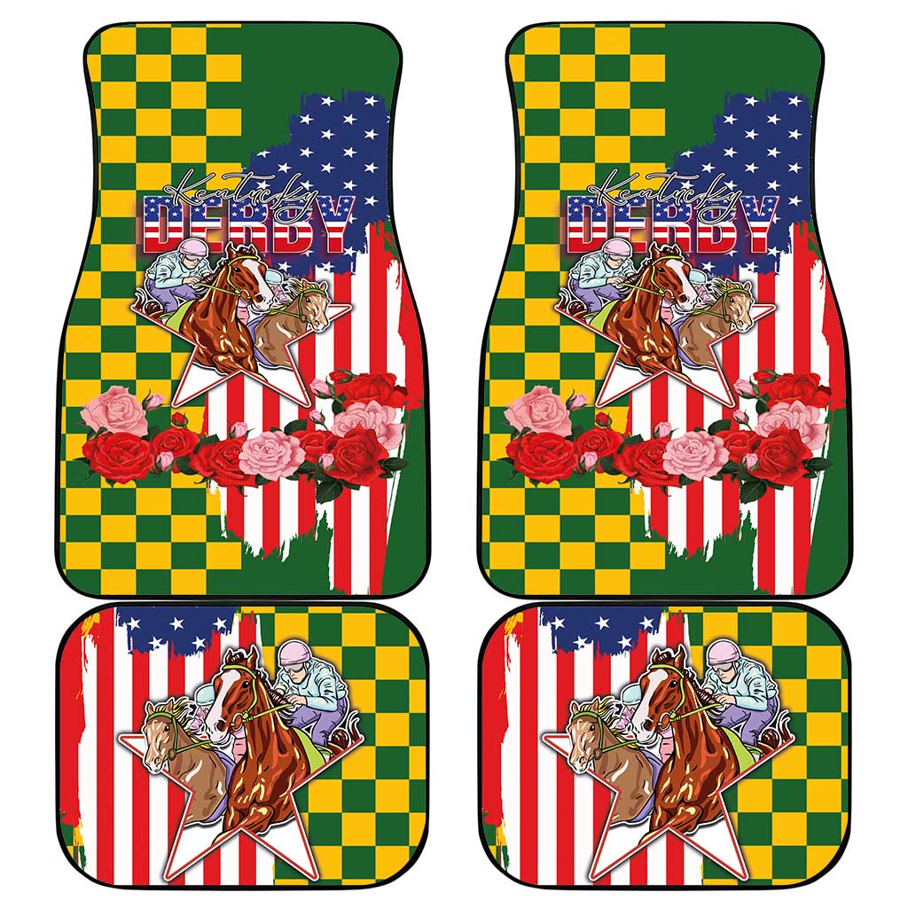 Kentucky Horses Racing Car Mats US Flag Grunge and Check Pattern Green Color