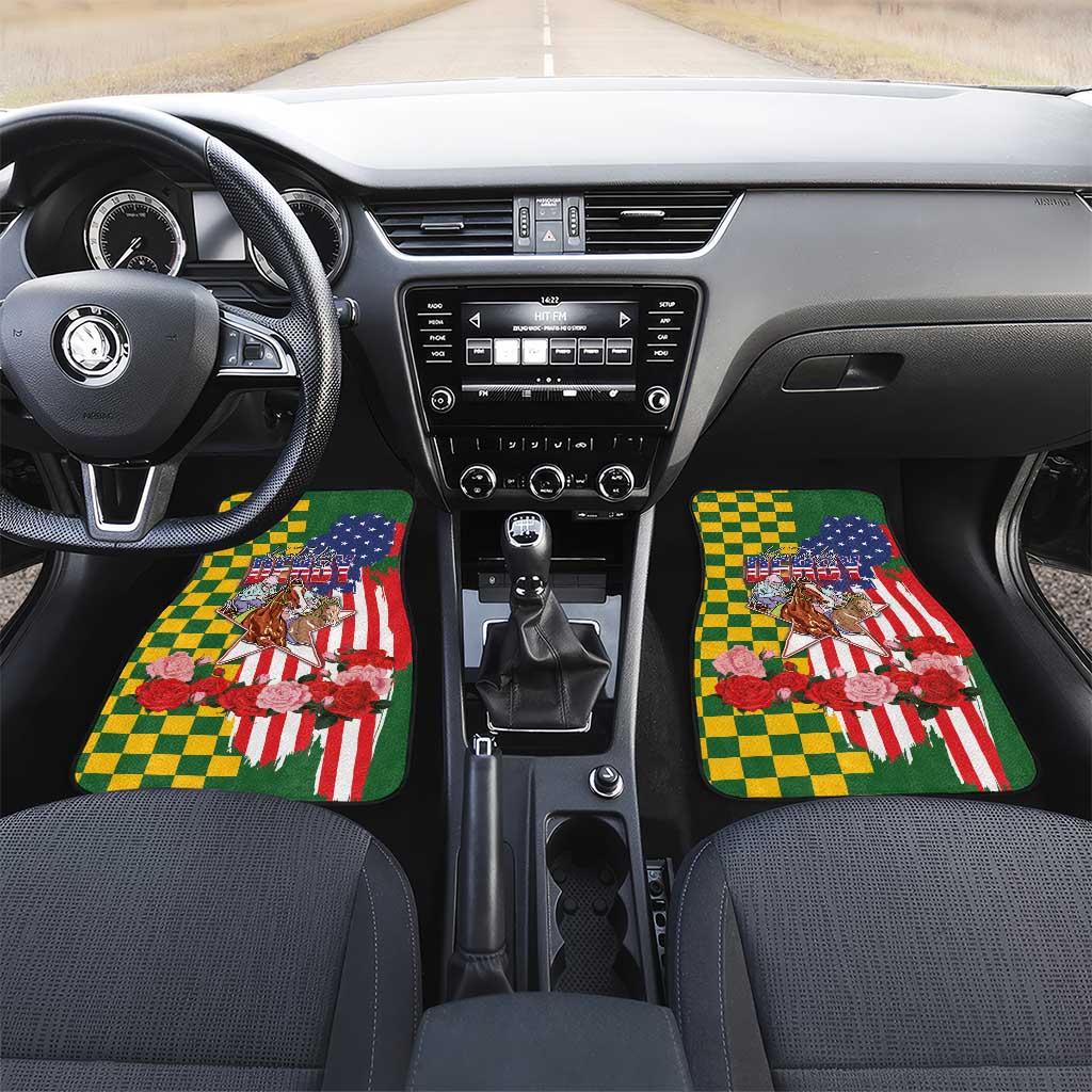 Kentucky Horses Racing Car Mats US Flag Grunge and Check Pattern Green Color