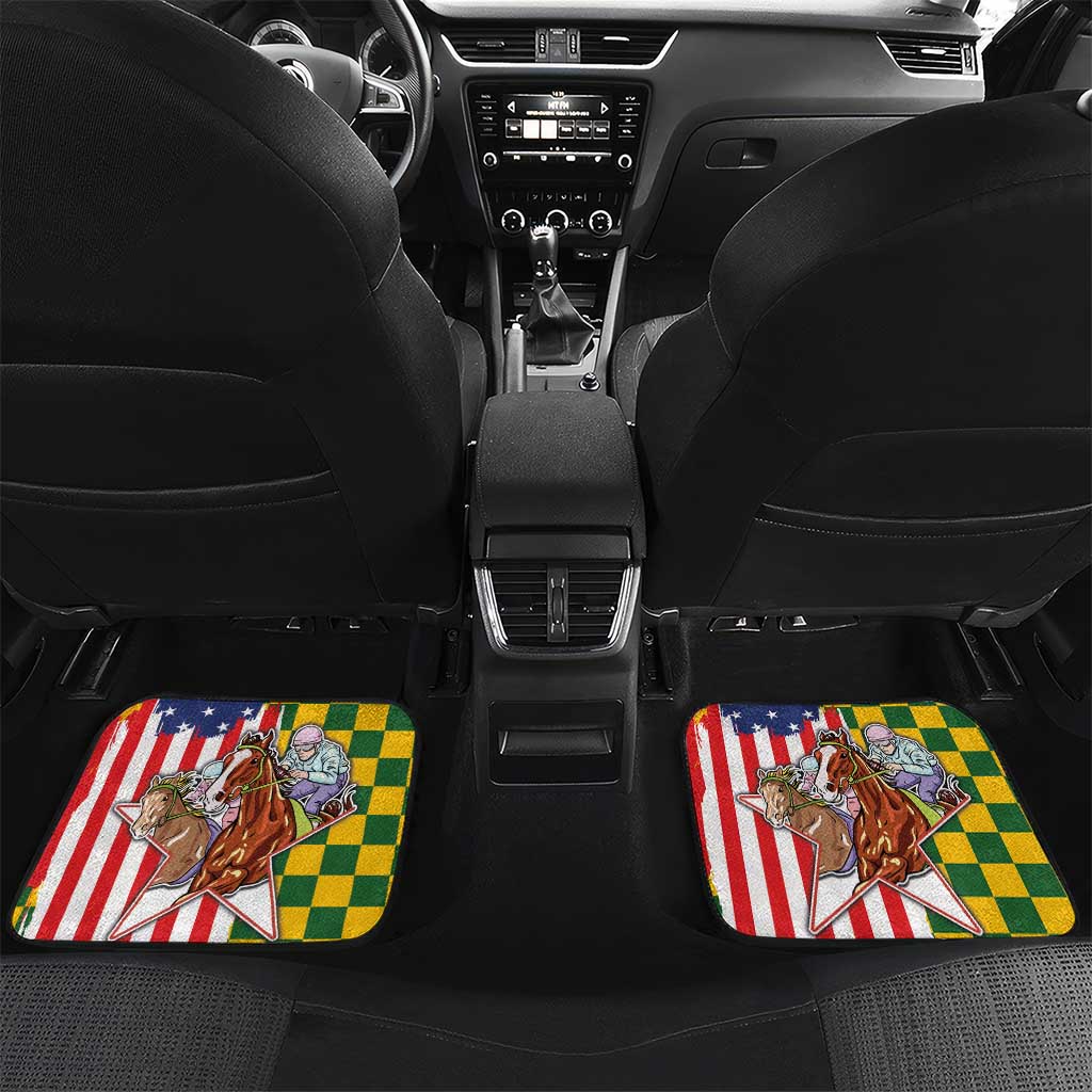 Kentucky Horses Racing Car Mats US Flag Grunge and Check Pattern Green Color