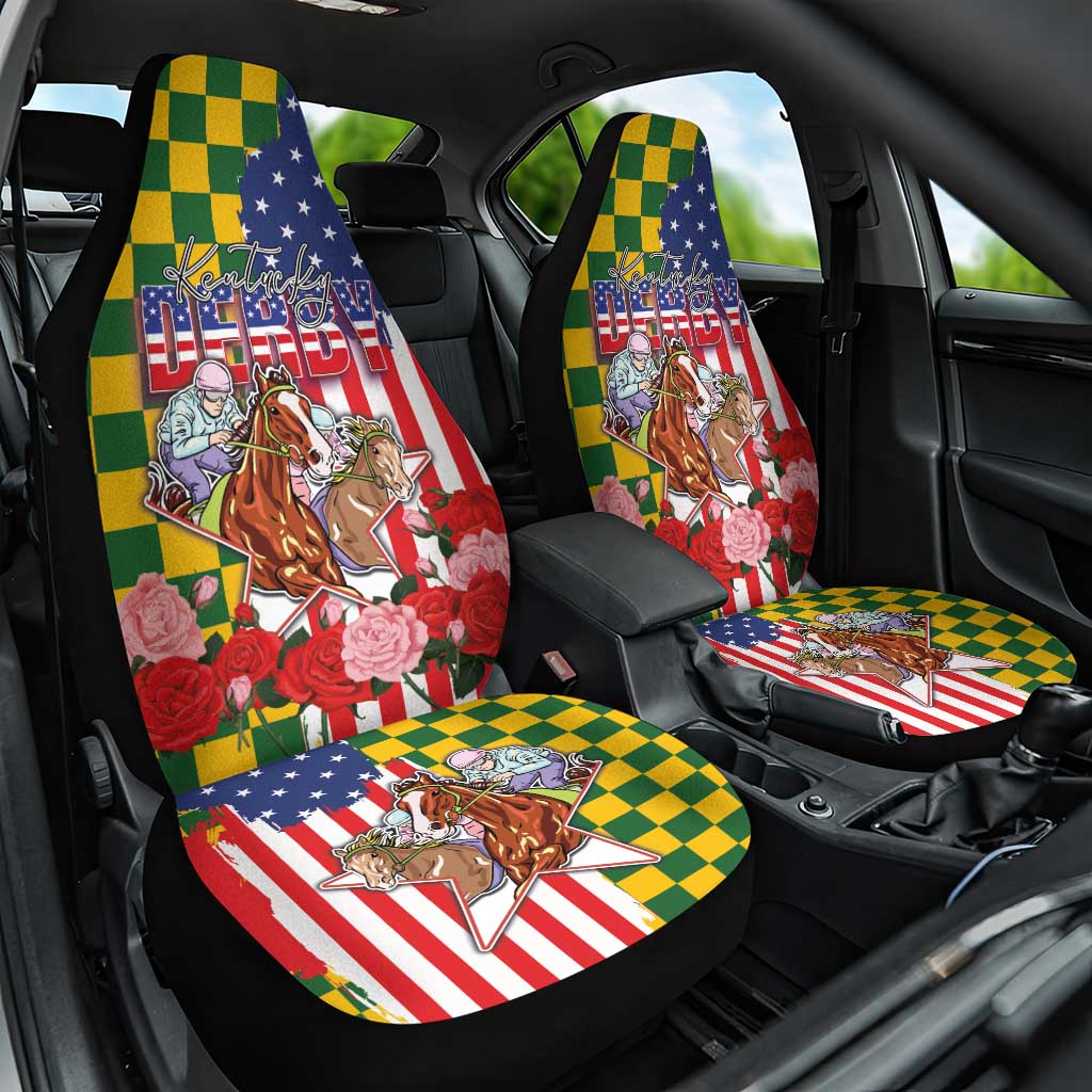 Kentucky Horses Racing Car Seat Cover US Flag Grunge and Check Pattern Green Color