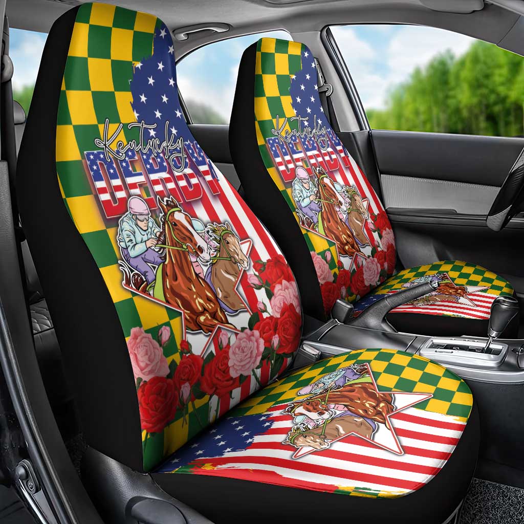 Kentucky Horses Racing Car Seat Cover US Flag Grunge and Check Pattern Green Color