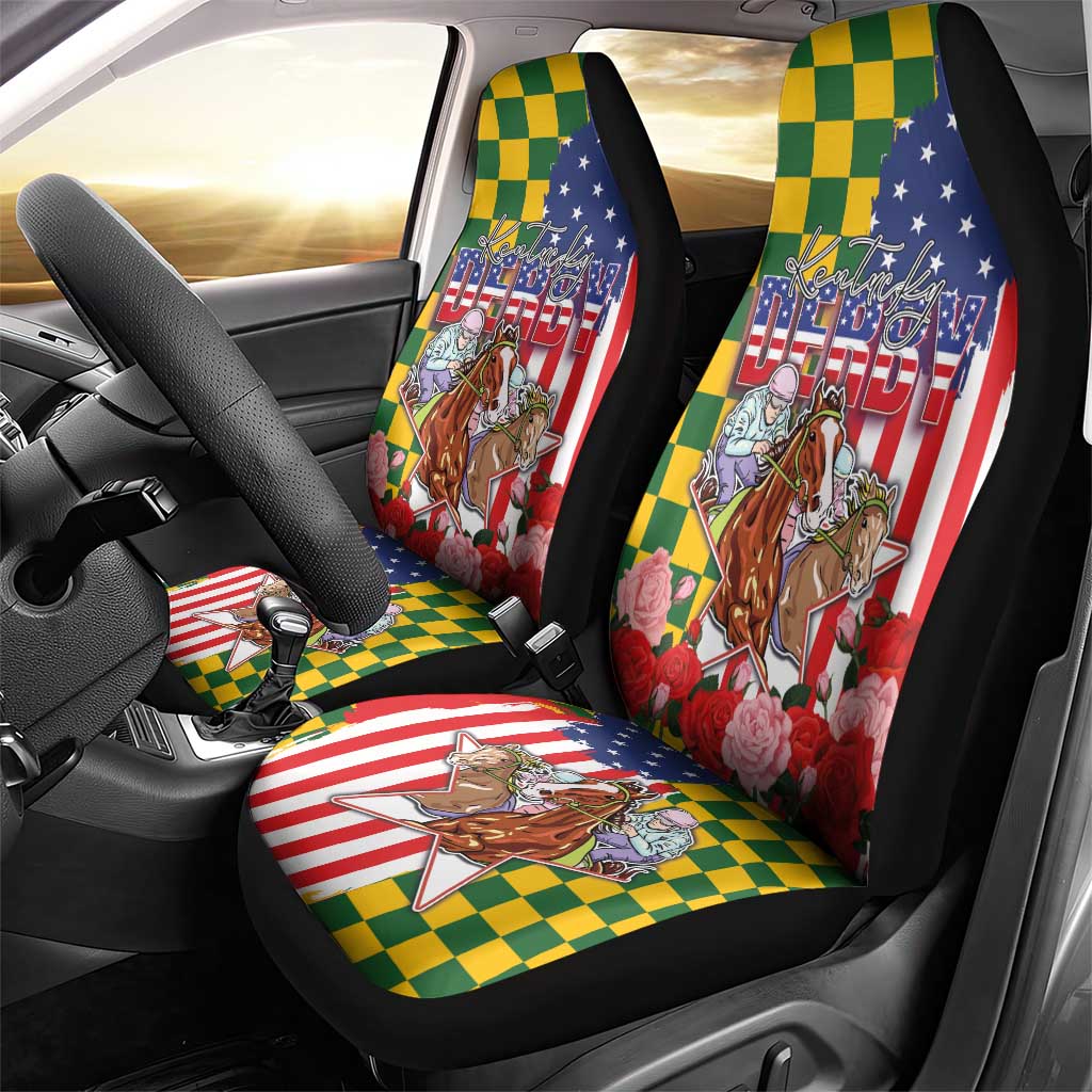 Kentucky Horses Racing Car Seat Cover US Flag Grunge and Check Pattern Green Color