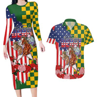 Kentucky Horses Racing Couples Matching Long Sleeve Bodycon Dress and Hawaiian Shirt US Flag Grunge and Check Pattern Green Color