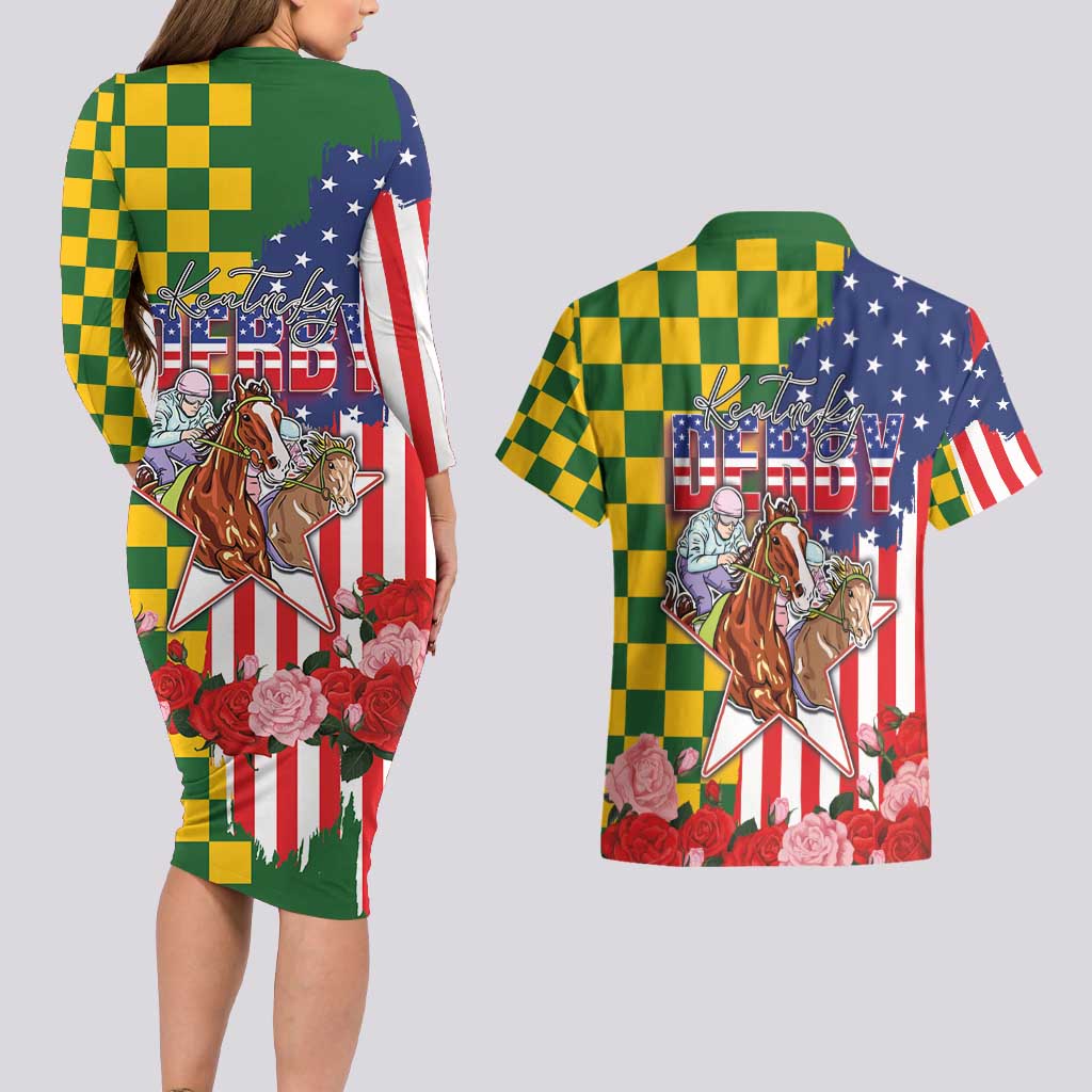 Kentucky Horses Racing Couples Matching Long Sleeve Bodycon Dress and Hawaiian Shirt US Flag Grunge and Check Pattern Green Color