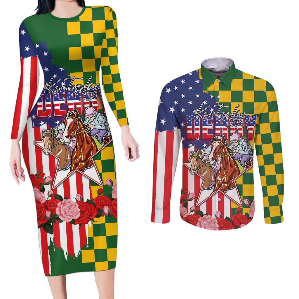 Kentucky Horses Racing Couples Matching Long Sleeve Bodycon Dress and Long Sleeve Button Shirt US Flag Grunge and Check Pattern Green Color