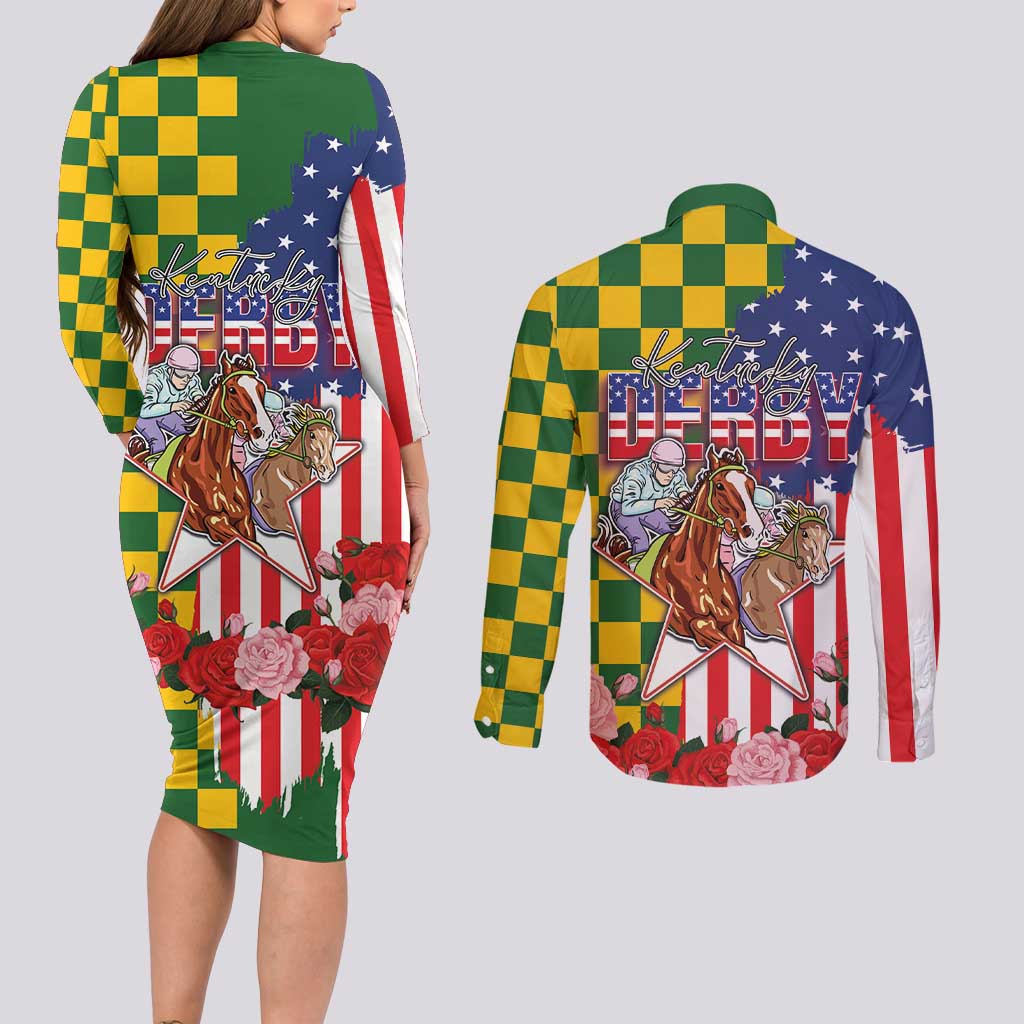Kentucky Horses Racing Couples Matching Long Sleeve Bodycon Dress and Long Sleeve Button Shirt US Flag Grunge and Check Pattern Green Color