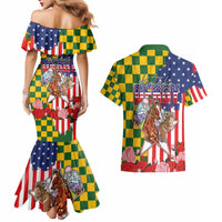 Kentucky Horses Racing Couples Matching Mermaid Dress and Hawaiian Shirt US Flag Grunge and Check Pattern Green Color