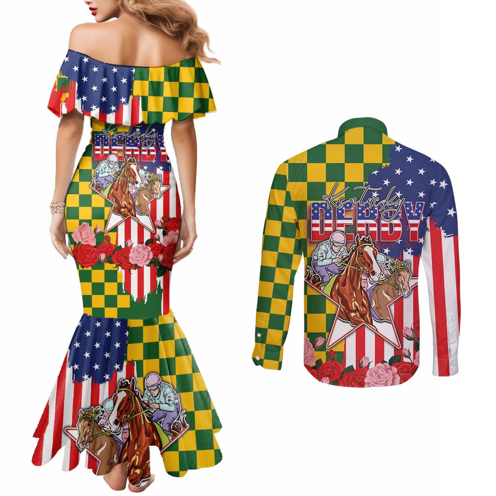 Kentucky Horses Racing Couples Matching Mermaid Dress and Long Sleeve Button Shirt US Flag Grunge and Check Pattern Green Color