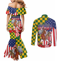 Kentucky Horses Racing Couples Matching Mermaid Dress and Long Sleeve Button Shirt US Flag Grunge and Check Pattern Green Color