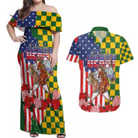 Kentucky Horses Racing Couples Matching Off Shoulder Maxi Dress and Hawaiian Shirt US Flag Grunge and Check Pattern Green Color
