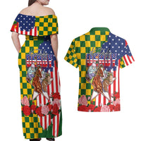 Kentucky Horses Racing Couples Matching Off Shoulder Maxi Dress and Hawaiian Shirt US Flag Grunge and Check Pattern Green Color