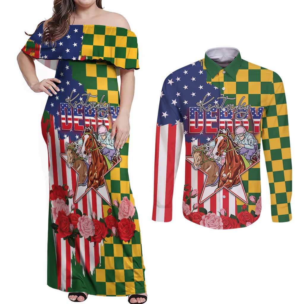 Kentucky Horses Racing Couples Matching Off Shoulder Maxi Dress and Long Sleeve Button Shirt US Flag Grunge and Check Pattern Green Color