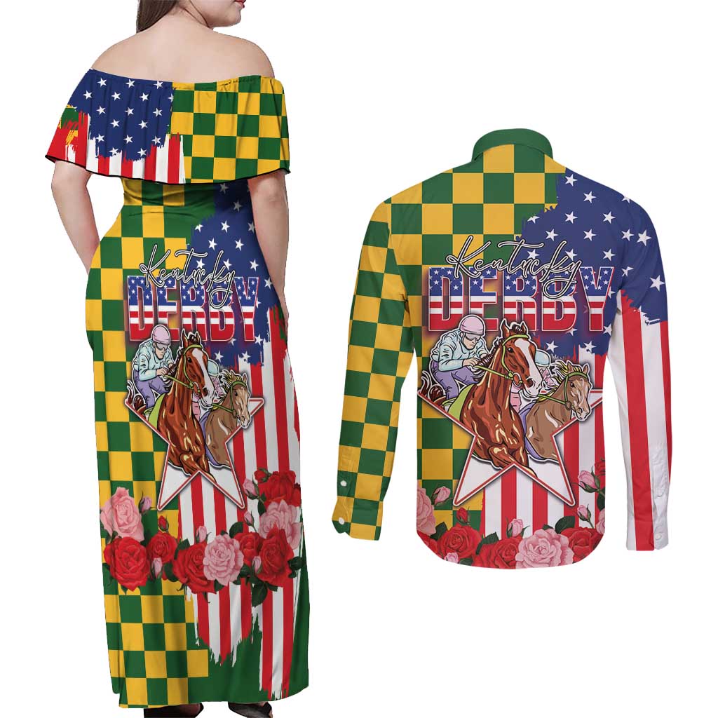 Kentucky Horses Racing Couples Matching Off Shoulder Maxi Dress and Long Sleeve Button Shirt US Flag Grunge and Check Pattern Green Color