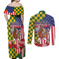Kentucky Horses Racing Couples Matching Off Shoulder Maxi Dress and Long Sleeve Button Shirt US Flag Grunge and Check Pattern Green Color