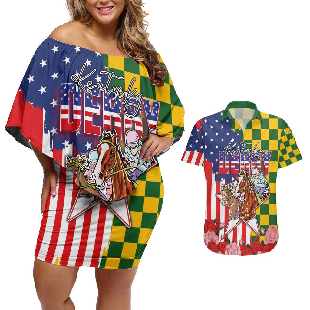 Kentucky Horses Racing Couples Matching Off Shoulder Short Dress and Hawaiian Shirt US Flag Grunge and Check Pattern Green Color