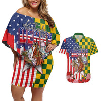 Kentucky Horses Racing Couples Matching Off Shoulder Short Dress and Hawaiian Shirt US Flag Grunge and Check Pattern Green Color