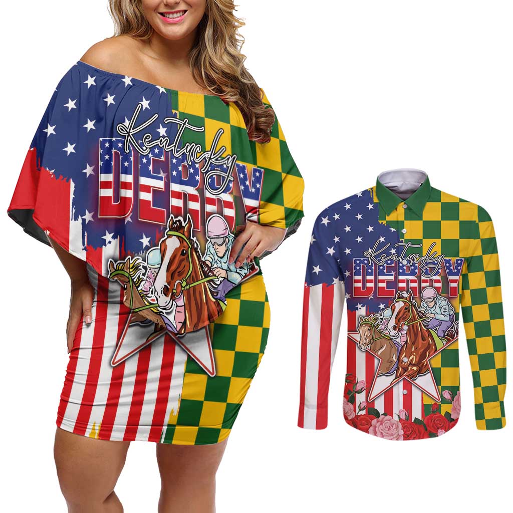Kentucky Horses Racing Couples Matching Off Shoulder Short Dress and Long Sleeve Button Shirt US Flag Grunge and Check Pattern Green Color