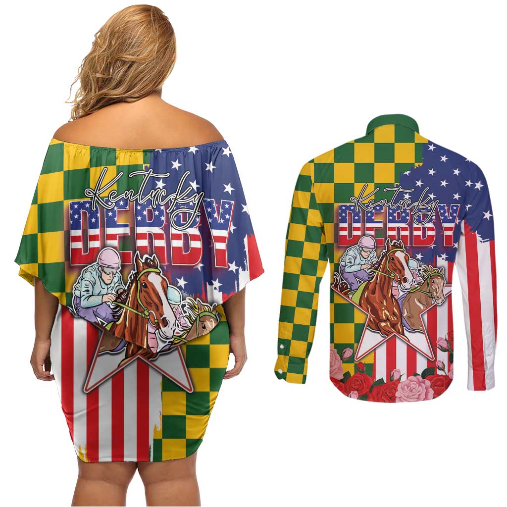 Kentucky Horses Racing Couples Matching Off Shoulder Short Dress and Long Sleeve Button Shirt US Flag Grunge and Check Pattern Green Color