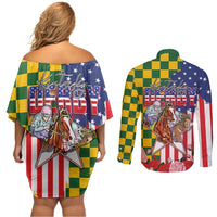 Kentucky Horses Racing Couples Matching Off Shoulder Short Dress and Long Sleeve Button Shirt US Flag Grunge and Check Pattern Green Color