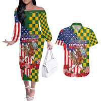 Kentucky Horses Racing Couples Matching Off The Shoulder Long Sleeve Dress and Hawaiian Shirt US Flag Grunge and Check Pattern Green Color