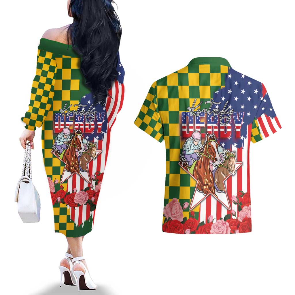 Kentucky Horses Racing Couples Matching Off The Shoulder Long Sleeve Dress and Hawaiian Shirt US Flag Grunge and Check Pattern Green Color