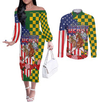 Kentucky Horses Racing Couples Matching Off The Shoulder Long Sleeve Dress and Long Sleeve Button Shirt US Flag Grunge and Check Pattern Green Color