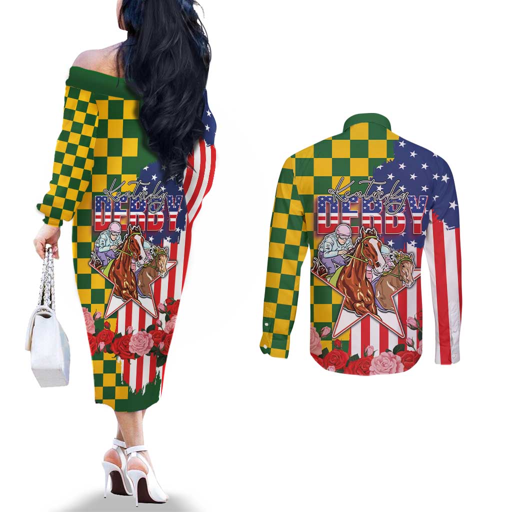 Kentucky Horses Racing Couples Matching Off The Shoulder Long Sleeve Dress and Long Sleeve Button Shirt US Flag Grunge and Check Pattern Green Color