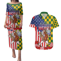 Kentucky Horses Racing Couples Matching Puletasi and Hawaiian Shirt US Flag Grunge and Check Pattern Green Color
