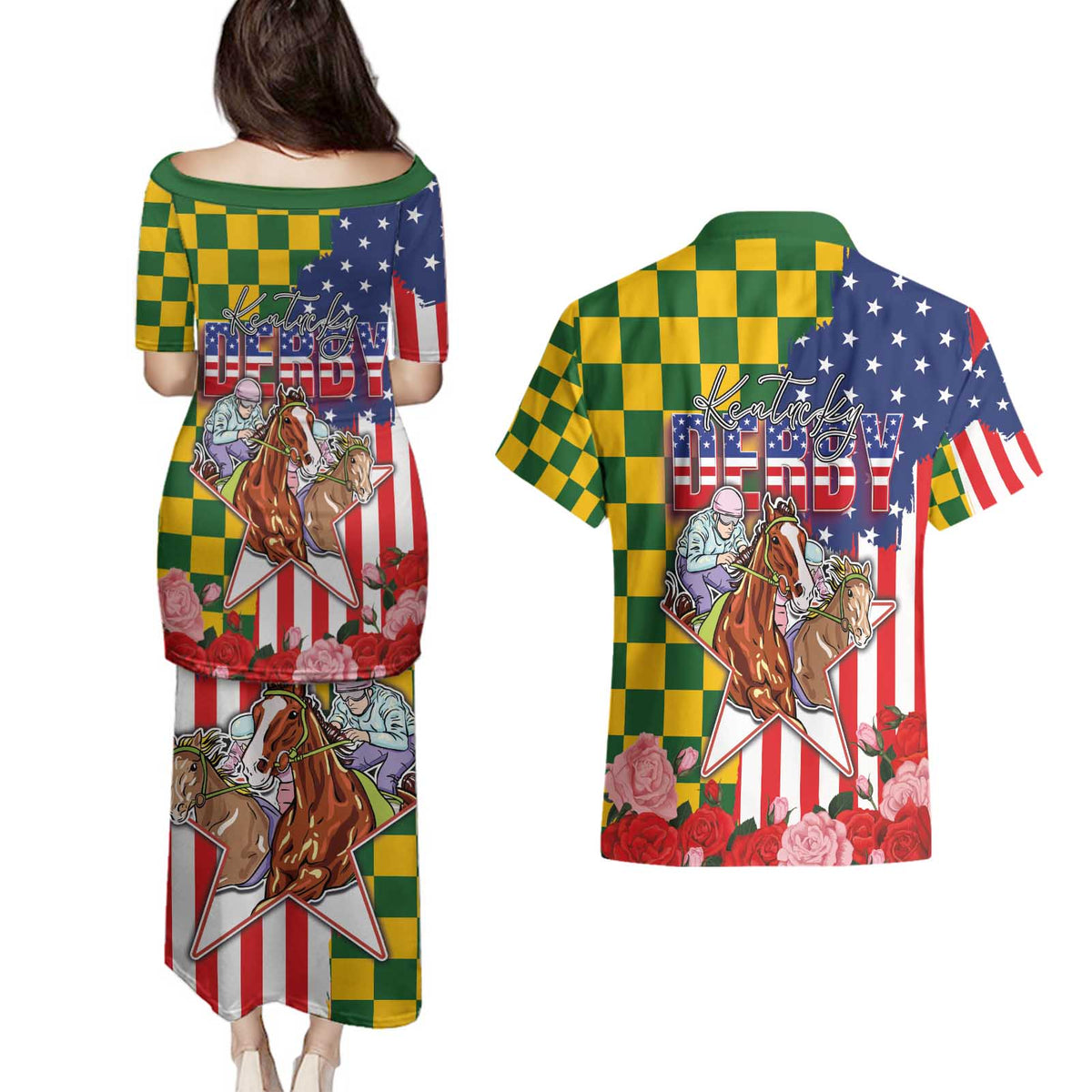 Kentucky Horses Racing Couples Matching Puletasi and Hawaiian Shirt US Flag Grunge and Check Pattern Green Color