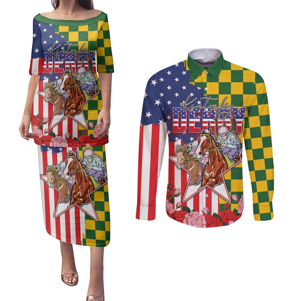 Kentucky Horses Racing Couples Matching Puletasi and Long Sleeve Button Shirt US Flag Grunge and Check Pattern Green Color