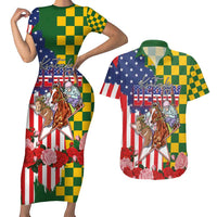 Kentucky Horses Racing Couples Matching Short Sleeve Bodycon Dress and Hawaiian Shirt US Flag Grunge and Check Pattern Green Color