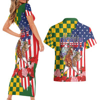 Kentucky Horses Racing Couples Matching Short Sleeve Bodycon Dress and Hawaiian Shirt US Flag Grunge and Check Pattern Green Color