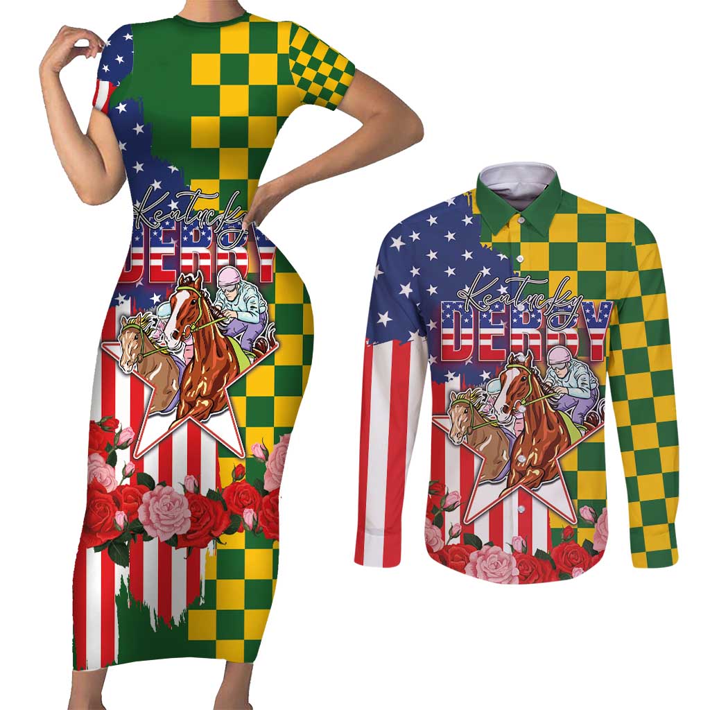 Kentucky Horses Racing Couples Matching Short Sleeve Bodycon Dress and Long Sleeve Button Shirt US Flag Grunge and Check Pattern Green Color
