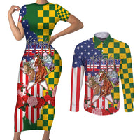 Kentucky Horses Racing Couples Matching Short Sleeve Bodycon Dress and Long Sleeve Button Shirt US Flag Grunge and Check Pattern Green Color