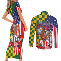 Kentucky Horses Racing Couples Matching Short Sleeve Bodycon Dress and Long Sleeve Button Shirt US Flag Grunge and Check Pattern Green Color