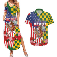 Kentucky Horses Racing Couples Matching Summer Maxi Dress and Hawaiian Shirt US Flag Grunge and Check Pattern Green Color